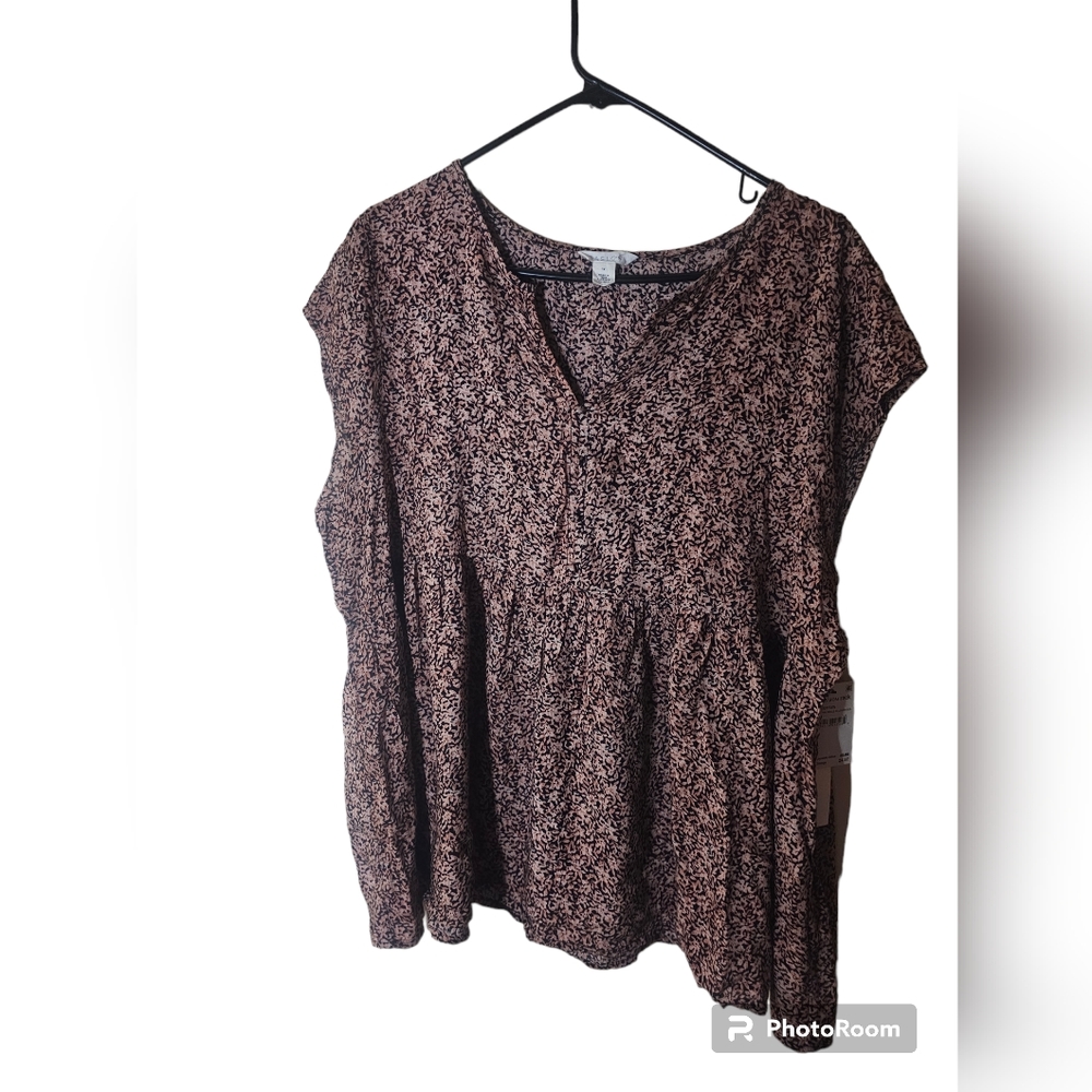 C.A.S.L.O.N women's black floral baby doll v-neck cap sleeves top 1X